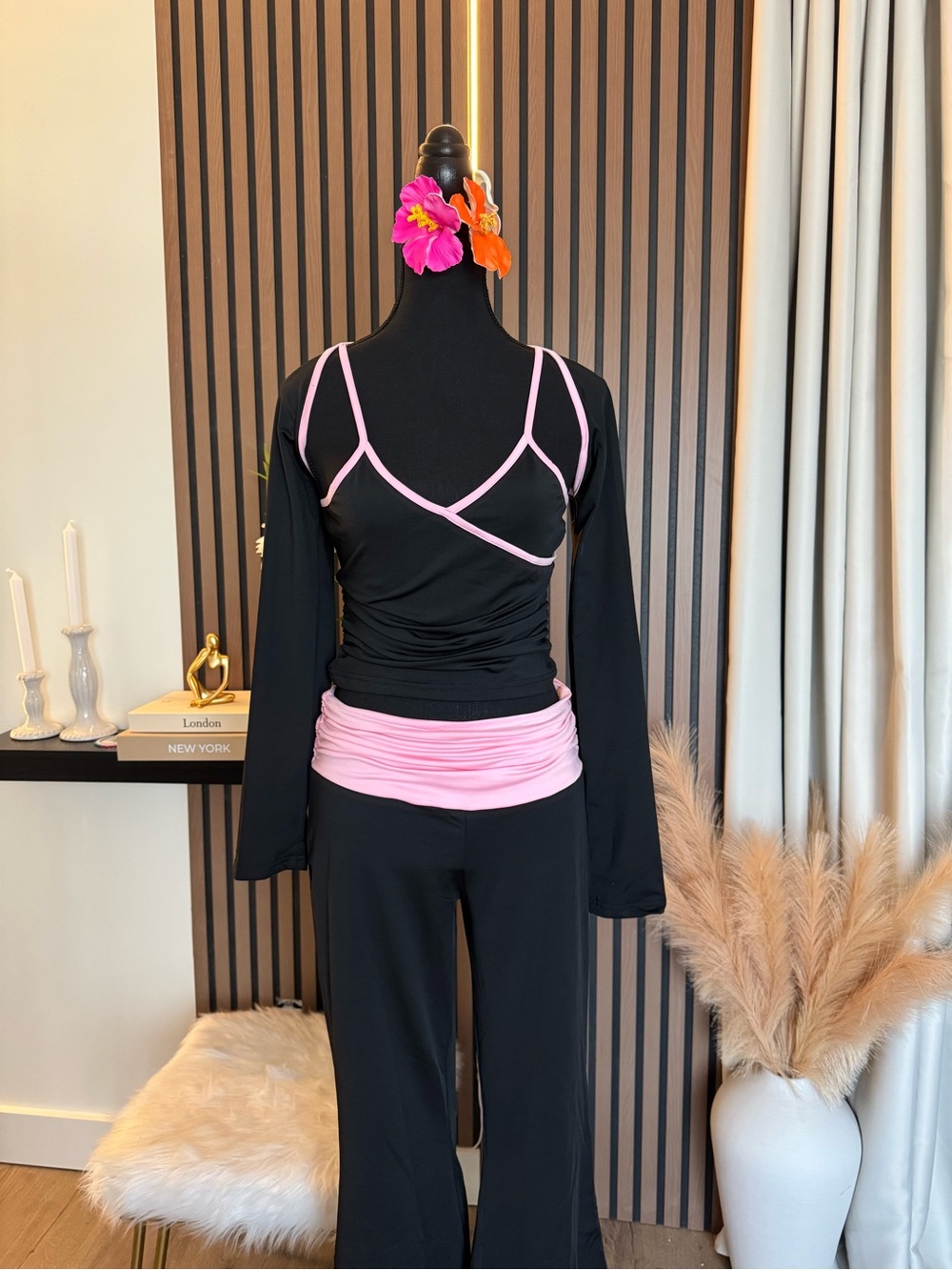 Black Wide Leg Pants & Black Top with Pink Trim